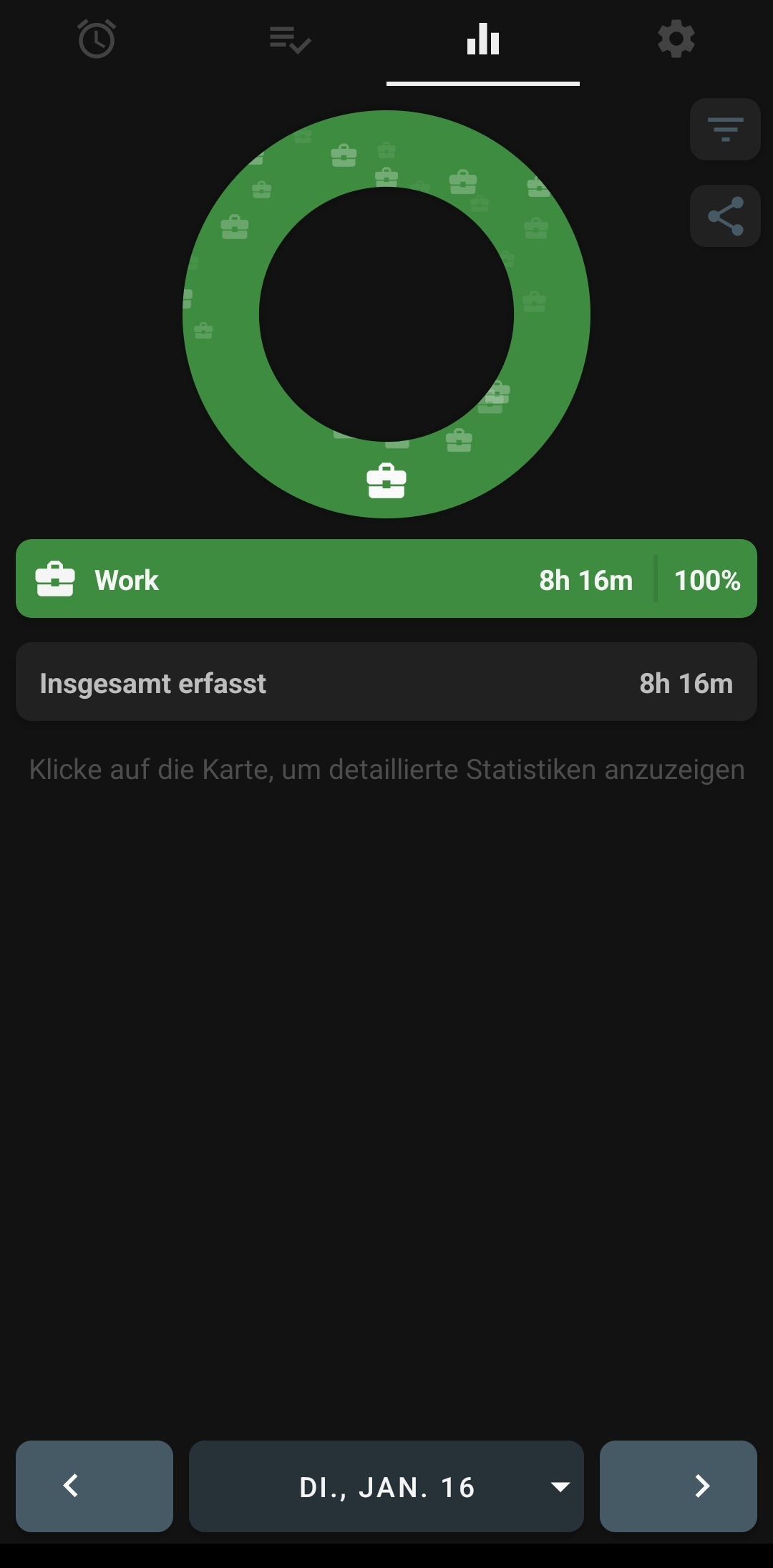 Screenshot ‘Simple Time Tracker’ Statistik Bereich